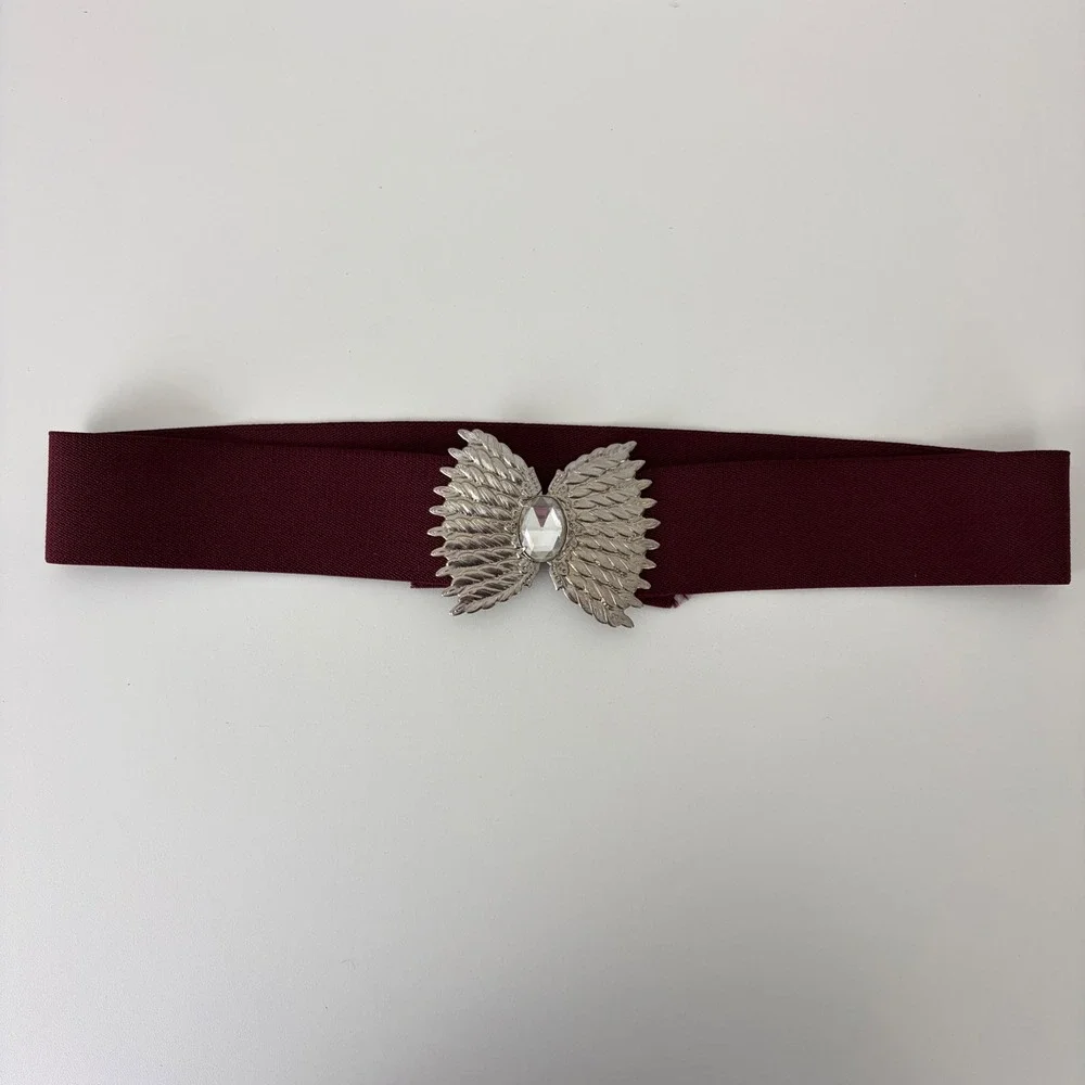 Vintage Burgundy Elastic Cinch Belt Silver Angel Wing Crystal Buckle M/L